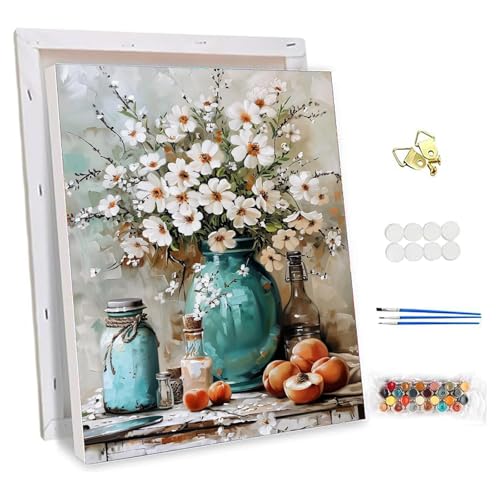NEWENMO Weiße Blumen Malen Nach Zahlen Erwachsene mit Rahmen,Pfirsiche Paint by Numbers Adult,Einfaches Handgemalt Ölgemälde Kit,DIY Vintage Malen Nach Zahlen Leinwand,für Home Dekoration 30x40cm von NEWENMO