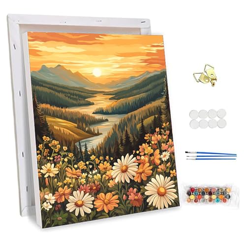 NEWENMO Wildblumen Malen Nach Zahlen Erwachsene mit Rahmen,Sunset Valley Ansichten Paint by Numbers,Einfaches Handgemalt Ölgemälde Kit,DIY Malen Nach Zahlen Leinwand,für Home Dekoration 30x40cm von NEWENMO