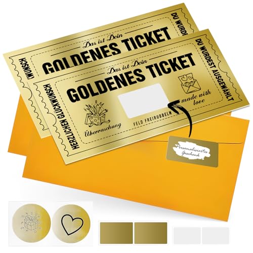 NEWJEK 2 Stück Goldenes Ticket Gutschein Rubbel, Goldenes Ticket mit Umschlag, Wunschgutschein zum Selber Ausfülle Gutscheinkarte Geschenk Idee für Freundin Mama Kind von NEWJEK