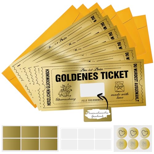 NEWJEK 6 Stück Goldenes Ticket Gutschein Rubbel, Goldenes Ticket mit Umschlag, Wunschgutschein zum Selber Ausfülle Gutscheinkarte Geschenk Idee für Freundin Mama Kind NEWJEK 6 Stück Goldenes Ticket Gutschein Rubbel, Goldenes Ticket mit Umschlag, Wunschgutschein zum Selber Ausfülle Gutscheinkarte Geschenk Idee für Freundin Mama Kind von NEWJEK