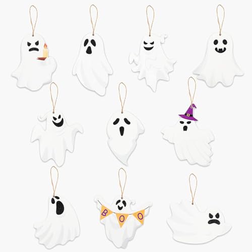 Halloween-Ornamente für Baum, Geister-Holzdekoration, niedliches Design, weißes Geister-Dekor, Gothic, gruselig, Halloween-Baumschmuck für Zuhause, Party, Innendekoration, 20 Stück von NEWSPIED