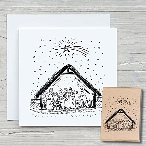 NEWSTAMPS Stempel Krippe Motivstempel groß aus Holz & Gummi zum Karten basteln, Holzstempel, Weihnachten, Weihnachtskarte, Advent, Scrapbook, Textilstempel, Deko, Kinder von NEWSTAMPS DIE STEMPELMACHER