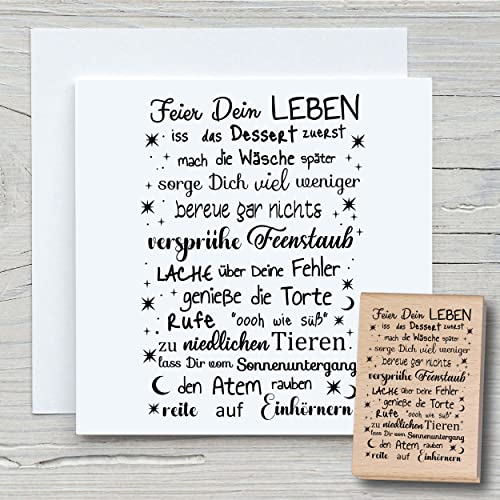 NEWSTAMPS Stempel Feier dein Leben Motivstempel groß aus Holz & Gummi zum Karten und Geschenke basteln, Holzstempel für Sprüche, Spruchstempel, Textstempel, Schrift, Scrapbook, Textilstempel, Deko von NEWSTAMPS DIE STEMPELMACHER