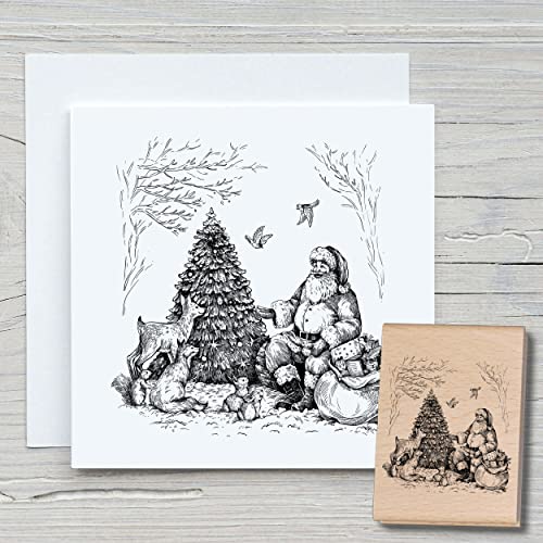 NEWSTAMPS Stempel Weihnachtsmann im Wald Motivstempel groß aus Holz & Gummi zum Karten basteln, Holzstempel, Weihnachten, Weihnachtskarte, Advent, Scrapbook, Textilstempel, Deko, Kinder von NEWSTAMPS DIE STEMPELMACHER