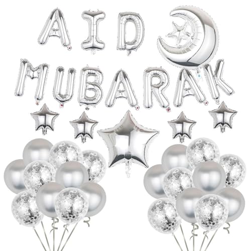 Aid Mubarak Silber Ballons Eid Mubarak Luftballons Folienballons Banner Latex Ballon Perfekt für Ramadan Party Dekorationen Supplie Eid Mubarak Decoration, Ramadan Party Dekoration Zubehör von NEWUPZSI