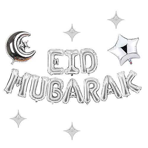 Eid Mubarak Dekoration Silber Luftballons Muslim Latex Ballons Star Moon Ballon Eid Al-Fitr Ballon Folienballon für Eid Mubarak Ramadan Feier Mubarak Kareem Decoration von NEWUPZSI