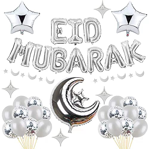 Eid Mubarak Dekoration Silber Luftballons Muslim Latex Ballons Star Moon Ballon Eid Al-Fitr Ballon Folienballon für Eid Mubarak Ramadan Feier Mubarak Kareem Decoration von NEWUPZSI