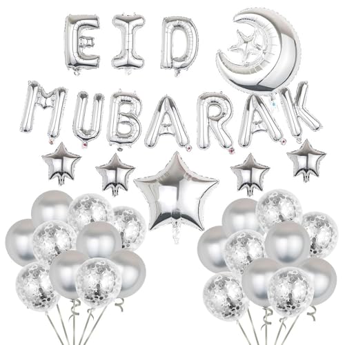 Eid Mubarak Silber Ballons Ramadan Mubarak Luftballons Folienballons Banner Latex Ballon Perfekt für Ramadan Party Dekorationen Supplie Eid Mubarak Decoration, Ramadan Party Dekoration Zubehör von NEWUPZSI