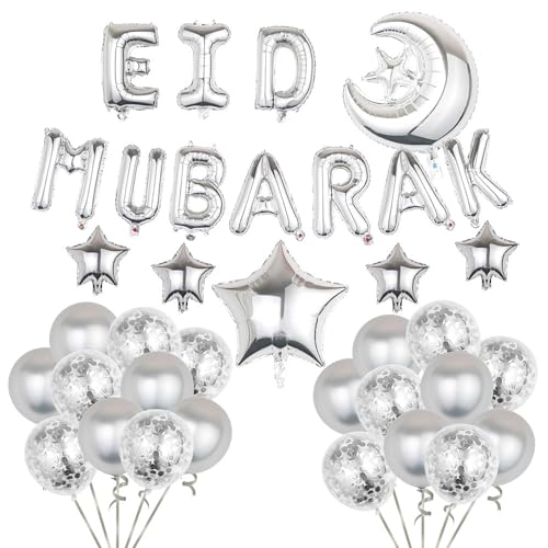 Eid Mubarak Silber Ballons Ramadan Mubarak Luftballons Folienballons Banner Latex Ballon Perfekt für Party Dekorationen Supplie Eid Mubarak Decoration Party Dekoration Zubehör von NEWUPZSI
