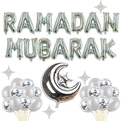 Ramadan Mubarak Silber Ballons Dekoration Set Ramadan Mubarak Banner Eid Latex Luftballons Set Torteneinlagen, Islamic für Party Zubehör von NEWUPZSI