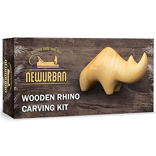 NEWURBAN Holzschnitzset für Anfänger – Schnitzset mit Nashorn – Lindenholzbearbeitungsset für Kinder, Erwachsene – Holzschnitzmesser aus Edelstahl mit Holzgriff – Lindenrohling in Nashornform von NEWURBAN
