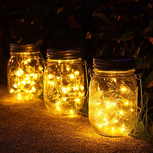 3 Stück Solarlampen fur Garten -30 LED Wetterfest Solar Einmachglas Aussen Lampions, Lichterkette im Glas,Gartendeko Solarleuchten für Weihnachten,Außen Laterne,Hochzeit, Party,Wand (Warm Weiß) von NEWYANG