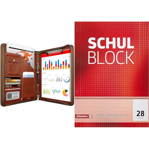 NEWYES NY-A403-BN-EU Konferenzmappe aus Leder, mit Reißverschluss & Brunnen 1052528 Schulblock/Notizblock (A4, 50 Blatt, kariert, mit Randlinien, Lineatur 28, gelocht, kopfverleimt, 70 g/m²) von NEWYES