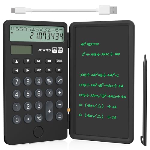 NEWYES Tragbarer Taschenrechner mit Notizblock, 2-zeiliges 12-stelliges großes Display, wiederaufladbarer Solarenergie-Tischrechner für Büro, Schule, Studenten (Schwarz) von NEWYES