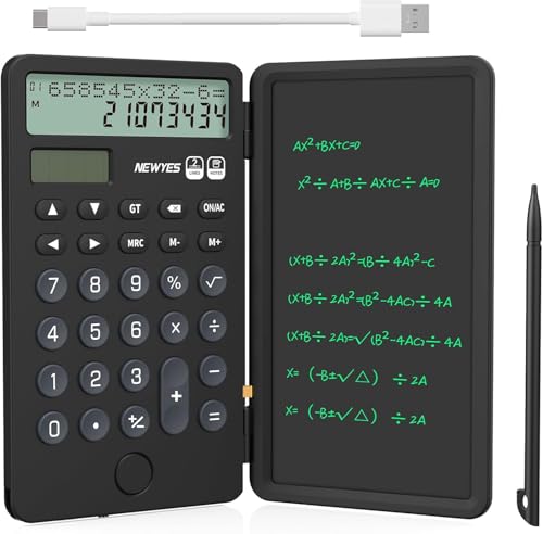 NEWYES Tragbarer Taschenrechner mit Notizblock, 2-zeiliges 12-stelliges großes Display, wiederaufladbarer Solarenergie-Tischrechner für Büro, Schule, Studenten (Schwarz) von NEWYES