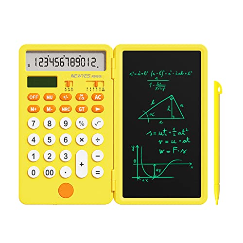 NEWYES Verbesserter Wiederaufladbarer Basisrechner mit Notizblock 6,5 Zoll, Standard-Taschenrechner mit 12 Ziffern, 2-in-1-Funktion, Tragbar für die Schule im Büro (Gelb) von NEWYES