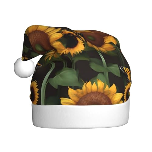 NEZIH Sonnenblume Blumen Schmetterlinge Kunstdruck Weihnachtsmann Hut Geschenke Weihnachtsmützen Perfektes Zubehör für Weihnachtsmützen Party für Männer Frauen von NEZIH