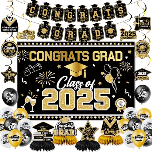 Abschlussdekorationen, Klasse 2025, Abschlussdekorationsset, Klasse 2025, Hintergrundbanner, Abschluss-Hängewirbel, Luftballons und Wabenzubehör für Abschlussfeier Abschlussdekorationen, Klasse 2025, Abschlussdekorationsset, Klasse 2025, Hintergrundbanner, Abschluss-Hängewirbel, Luftballons und Wabenzubehör für Abschlussfeier von NFrouaad