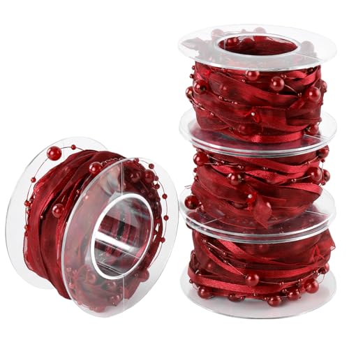 NGOSUET 18M Perlenband Weinrot, 4,5m Pro Stück Weinrot Perlenband mit Organza, Perlenband Chiffon-Band Geschenkband für Hochzeit, Blume, Weihnachtsbaum, Dekoration, Nähen, Handwerk, Verpackung von NGOSUET