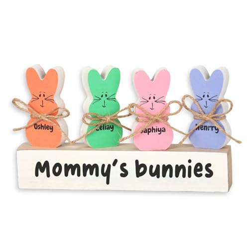 NGTSFLY Personalisierte Osterhasen Familie Holzblock Set Geschenke mit 1-8 Familiennamen,Ostern Home Decor, Ostern Geschenk für Mama Oma,Bunte Blushing Bunny Home Decoration (Stil 1) von NGTSFLY