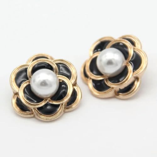 NHEISSCF Perlmuttknöpfe, 10 Stück 25 mm Blumenperlen-Gold-Metall-Ösenknöpfe for Damenbekleidung, handgefertigtes Nähzubehör(Black,23mm 10pcs) von NHEISSCF