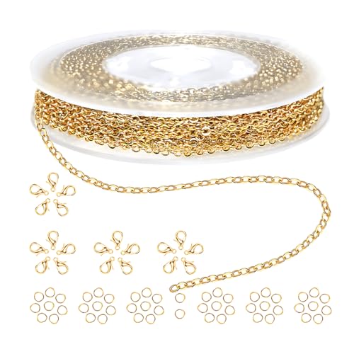 NHPY gliederkette,Ketten basteln,Ketten,gliederkette schmuck,Metall schmuck Waren,5 Meter Lange Kette + 20 Karabinerverschlüsse + 50 Ringe, für die Herstellung von Halsketten und Schmuck von NHPY