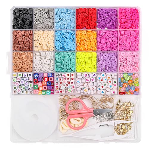 NHQZ 7-in-1-Beads for Bracelets 6 mm Clay Bead Set 18 Colours Beads for Threading Friendship Bracelets DIY Jewellery Making Set Beads for DIY Bracelet Necklace Earrings for Adults von NHQZ