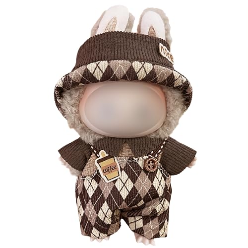 NHQZ Kleidung für 17 cm Labubu Puppe,Labubu Puppen Zubehör,Ohne Puppe, Süße Puppenkleidung DIY Geschenk,1 Mütze, 1 T-Shirt, 1 Strampler, braunes Set von NHQZ