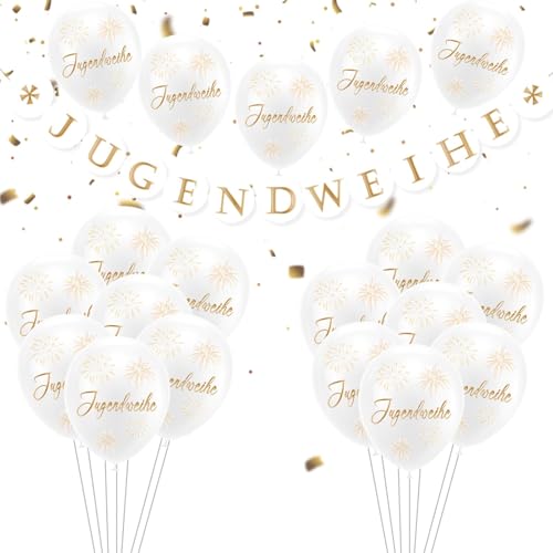 Jugendweihe Deko Set, Alles Gute zur Jugendweihe Banner und Girlande, 24 Luftballons Weiß Gold, Endlich Erwachsen Deko, Hängende Dekoration für Jungen, Mädchen, Party Feier Jugendweihe Deko Set, Alles Gute zur Jugendweihe Banner und Girlande, 24 Luftballons Weiß Gold, Endlich Erwachsen Deko, Hängende Dekoration für Jungen, Mädchen, Party Feier von NHYDZSZ