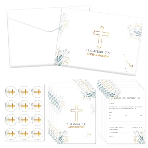 NHYDZSZ 12 Einladungskarten zur Konfirmation, DIN A6, mit Umschlägen und Aufklebern, Set für Jungen und Mädchen, mit goldenem Kreuzmotiv und Blättermuster, für Konfirmationsfeier oder Firmung von NHYDZSZ