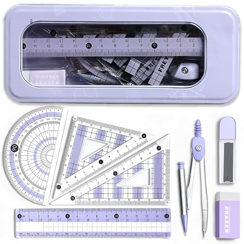 NICECONE Mathematik-Set für die weiterführende Schule, 8-teiliges Geometrie-Set mit Klarsichtdose, Kompass, Winkelmesser, Geodreiecke, Lineal, Radiergummi, Minen für Schüler und Schulbedarf (lila) von NICECONE