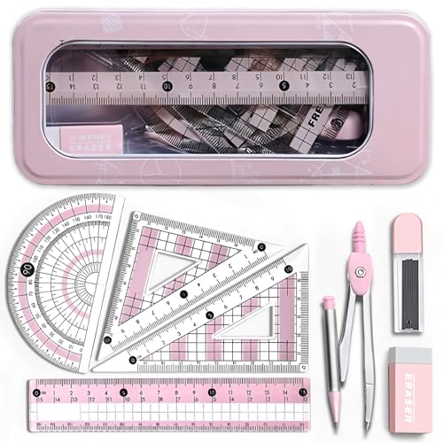 NICECONE Mathematik-Set für die weiterführende Schule, 8-teiliges Geometrie-Set mit Klarsichtdose, Kompass, Winkelmesser, Geodreiecke, Lineal, Radiergummi, Minen für Schüler und Schulbedarf (Rosa) von NICECONE