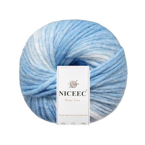 NICEEC 1 Knäuel Regenbogen-Wollmischgarn, weich, flauschig, Farbverlauf, selbstgestreift, einfach zu verwendendes buntes Garn zum Häkeln und Stricken, insgesamt 130 g / 199 m, blauer Himmel von NICEEC