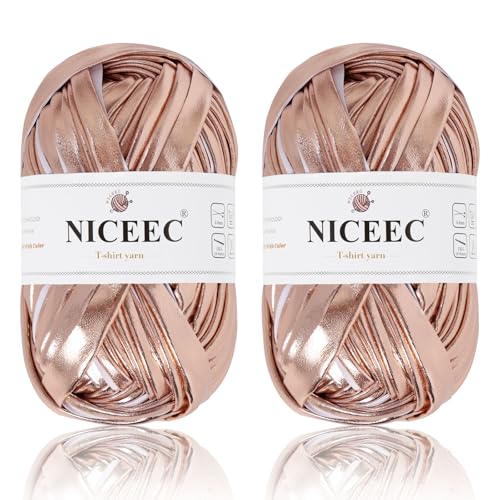 NICEEC 2 Knäuel Metall-T-Shirt-Garn, hell, glänzend, Häkeln und Stricken, Stoffgarn mit einseitiger Farbe, handgefertigtes DIY-Bastelkorbkissen, Länge 2 x 30 m, Champagner NICEEC 2 Knäuel Metall-T-Shirt-Garn, hell, glänzend, Häkeln und Stricken, Stoffgarn mit einseitiger Farbe, handgefertigtes DIY-Bastelkorbkissen, Länge 2 x 30 m, Champagner von NICEEC