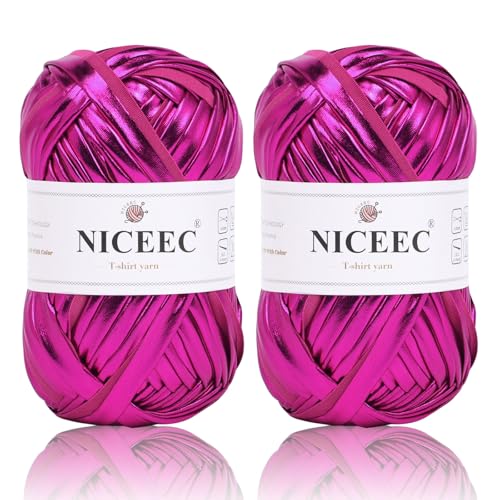 NICEEC 2 Knäuel Metall-T-Shirt-Garn, hell, glänzend, Häkeln und Stricken, Stoffgarn mit einseitiger Farbe, handgefertigtes DIY-Bastelkorbkissen, Länge 2 x 30 m, Hot Pink NICEEC 2 Knäuel Metall-T-Shirt-Garn, hell, glänzend, Häkeln und Stricken, Stoffgarn mit einseitiger Farbe, handgefertigtes DIY-Bastelkorbkissen, Länge 2 x 30 m, Hot Pink von NICEEC
