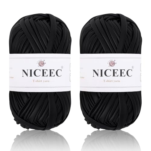 NICEEC 2 Knäuel Metall-T-Shirt-Garn, hell, glänzend, Häkeln und Stricken, Stoffgarn mit einseitiger Farbe, handgefertigtes DIY-Bastelkorbkissen, Länge 2 x 30 m, Mattschwarz von NICEEC