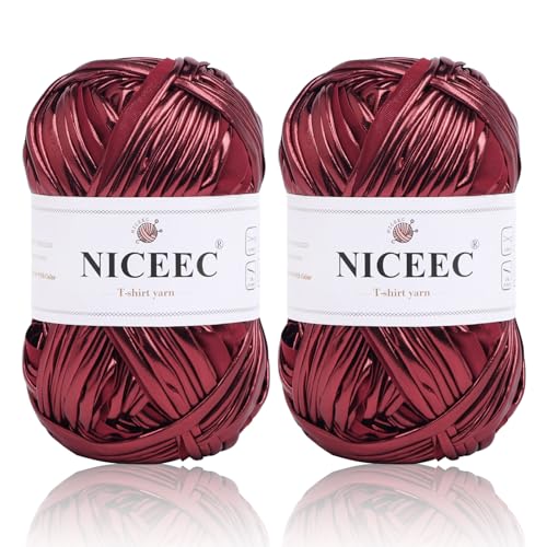 NICEEC 2 Knäuel Metall-T-Shirt-Garn, hell, glänzend, Häkeln und Stricken, Stoffgarn mit einseitiger Farbe, handgefertigtes DIY-Bastelkorbkissen, Länge 2 x 30 m, Weinrot NICEEC 2 Knäuel Metall-T-Shirt-Garn, hell, glänzend, Häkeln und Stricken, Stoffgarn mit einseitiger Farbe, handgefertigtes DIY-Bastelkorbkissen, Länge 2 x 30 m, Weinrot von NICEEC