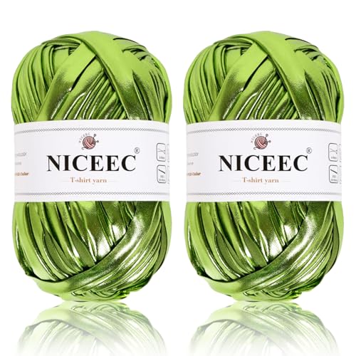 NICEEC 2 Knäuel Metall-T-Shirt-Garn, hell, glänzend, Häkeln und Stricken, Stoffgarn mit einseitiger Farbe, handgefertigtes DIY-Bastelkorbkissen, Länge 2 x 30 m, warmes Grün NICEEC 2 Knäuel Metall-T-Shirt-Garn, hell, glänzend, Häkeln und Stricken, Stoffgarn mit einseitiger Farbe, handgefertigtes DIY-Bastelkorbkissen, Länge 2 x 30 m, warmes Grün von NICEEC