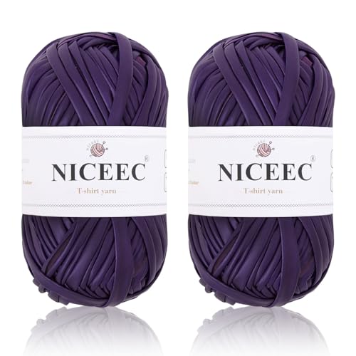 NICEEC 2 Knäuel Metall-T-Shirt-Garn, hell, glänzend, Häkeln und Stricken, Stoffgarn mit einseitiger Farbe, handgefertigtes DIY-Bastelkorbkissen, Länge 2 × 30 m (2 × 3,14 g) – Mattviolett von NICEEC