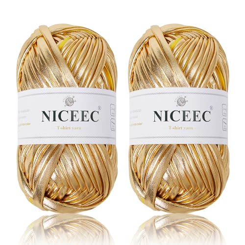 NICEEC 2 Knäuel Metall-T-Shirt-Garn, hell, glänzend, Häkeln und Stricken, Stoffgarn mit einseitiger Farbe, handgefertigtes DIY-Basteltaschenkorb, Kissenlänge 60 m, Gold NICEEC 2 Knäuel Metall-T-Shirt-Garn, hell, glänzend, Häkeln und Stricken, Stoffgarn mit einseitiger Farbe, handgefertigtes DIY-Basteltaschenkorb, Kissenlänge 60 m, Gold von NICEEC