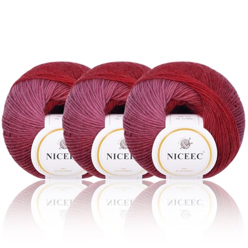 NICEEC 3 Knäuel, 100 % Regenbogenwolle, weicher Farbverlauf, selbststreifend, buntes einlagiges Garn zum Häkeln und Stricken (insgesamt 196 m x 3 m) – Nr. 28 von NICEEC