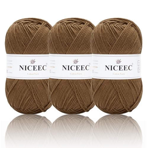 NICEEC 3 Knäuel, weiches Baumwollgarn, 5-lagig, Baby-Baumwollgarn zum Stricken, Häkeln, Babygewicht, Baumwollmischgarn, Gesamtlänge 3 × 220 m, 100 g × 3), Hellbraun von NICEEC