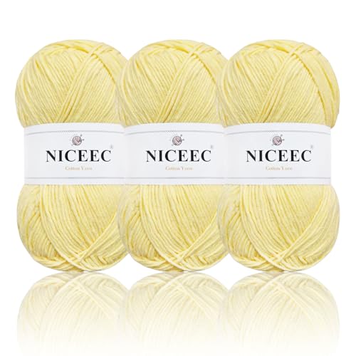 NICEEC 3 Knäuel, weiches Baumwollgarn, 5-lagig, Baby-Baumwollgarn zum Stricken, Häkeln, Babygewicht, Baumwollmischgarn, Gesamtlänge 3 × 220 m, 100 g × 3), Hellgelb von NICEEC