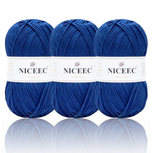 NICEEC 3 Knäuel, weiches Baumwollgarn, 5-lagig, Baby-Baumwollgarn zum Stricken, Häkeln, Babygewicht, Baumwollmischgarn, Gesamtlänge 3 × 220 m, 100 g × 3), -Kleinblau von NICEEC