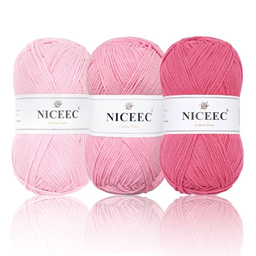 NICEEC 3 Knäuel, weiches Baumwollgarn, 5-lagig, Baby-Baumwollgarn zum Stricken, Häkeln, Babygewicht, Baumwollmischgarn, Gesamtlänge 3 × 220 m, 100 g × 3), Rosa, Serie 2 von NICEEC