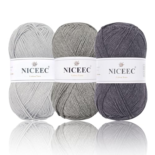 NICEEC 3 Knäuel, weiches Baumwollgarn, 5-lagig, Baby-Baumwollgarn zum Stricken, Häkeln, Babygewicht, Baumwollmischgarn, Gesamtlänge 3 × 220 m, 100 g × 3) – Grau-Serie von NICEEC