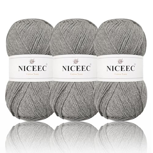NICEEC 3 Knäuel, weiches Baumwollgarn, 5-lagig, Baby-Baumwollgarn zum Stricken, Häkeln, Babygewicht, Baumwollmischgarn, Gesamtlänge 3 × 220 m, 100 g × 3) – Grau von NICEEC