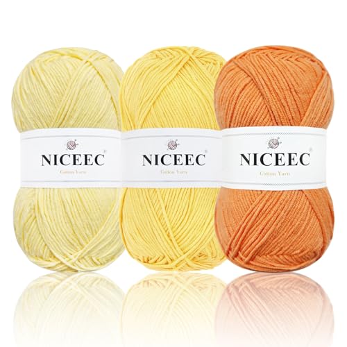 NICEEC 3 Knäuel, weiches Baumwollgarn, 5-lagig, Baby-Baumwollgarn zum Stricken, Häkeln, Babygewicht, Baumwollmischgarn, Gesamtlänge 3 × 220 m, 100 g × 3) – gelbe Serie von NICEEC