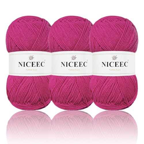 NICEEC 3 Knäuel, weiches Baumwollgarn, 5-lagig, Baby-Baumwollgarn zum Stricken, Häkeln, Babygewicht, Baumwollmischgarn, Gesamtlänge 3 × 220 m, 100 g × 3 cm, Hot Pink NICEEC 3 Knäuel, weiches Baumwollgarn, 5-lagig, Baby-Baumwollgarn zum Stricken, Häkeln, Babygewicht, Baumwollmischgarn, Gesamtlänge 3 × 220 m, 100 g × 3 cm, Hot Pink von NICEEC