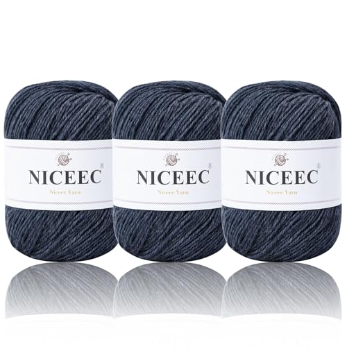 NICEEC 3 Knäuel, weiches Merinowolle, warmes Griffgewicht, zum Handstricken, Wollgarn, Gesamtlänge 4,5 x 7,6 m, 202 m x 3 cm, Marineblau von NICEEC